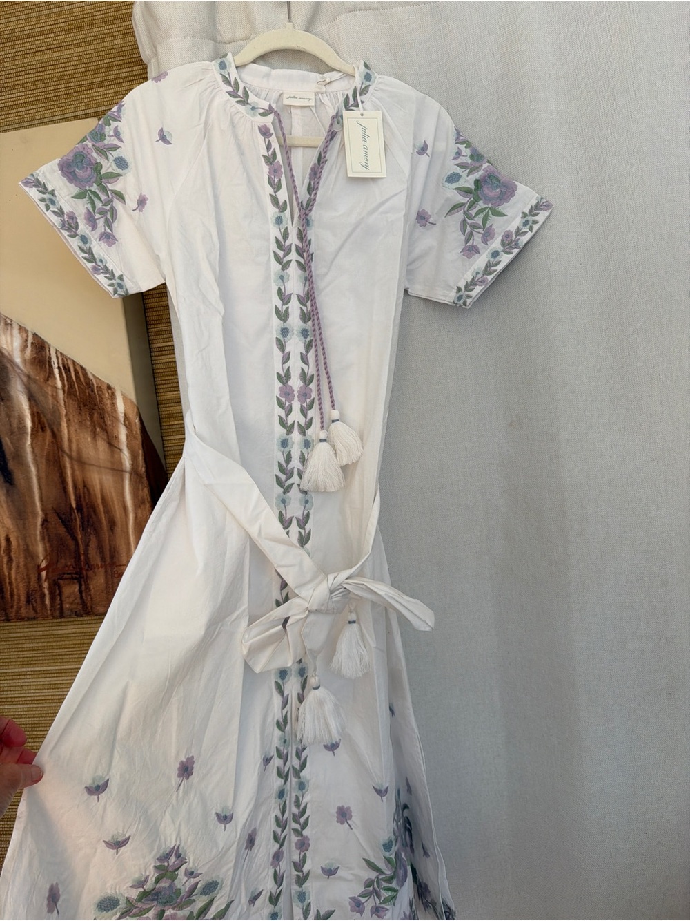Julia Amory White Midi Dress with Lavender Floral Embroidery